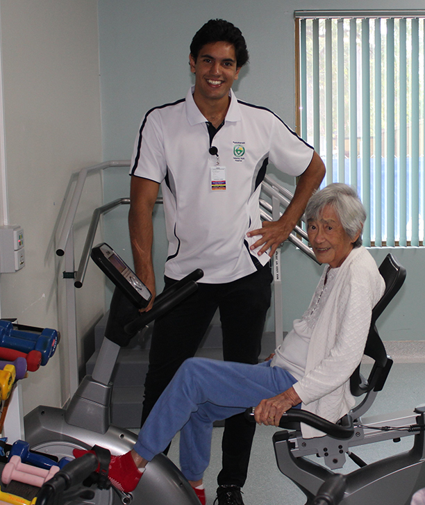 Aboriginal cadet Jiah Reidy putting patient Enid Whyte through her paces at Osborne Park Hospital.